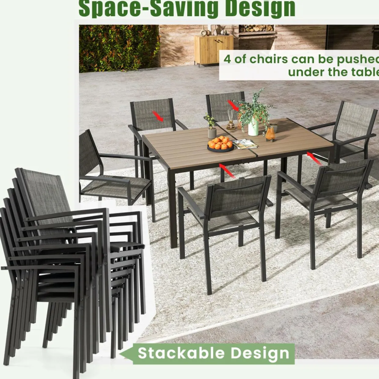 Tangkula Patio Chair Set of 6, Stackable Dining Chairs w/Breathable Fabric Seat & Heavy-Duty Metal Frame