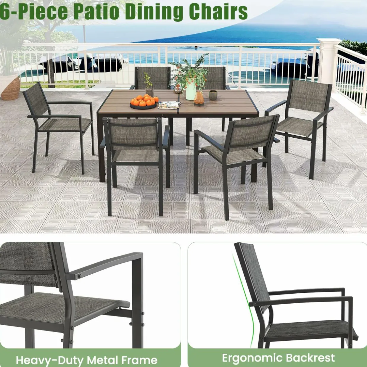 Tangkula Patio Chair Set of 6, Stackable Dining Chairs w/Breathable Fabric Seat & Heavy-Duty Metal Frame