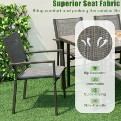 Tangkula Patio Chair Set of 6, Stackable Dining Chairs w/Breathable Fabric Seat & Heavy-Duty Metal Frame