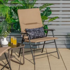 Tangkula Patio Chairs Folding, No Assembly High Back Cushioned Heavy Duty Steel Frame Outdoor Chair with Cup Holder