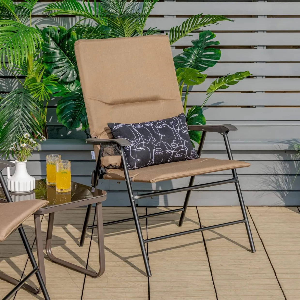 Tangkula Patio Chairs Folding, No Assembly High Back Cushioned Heavy Duty Steel Frame Outdoor Chair with Cup Holder
