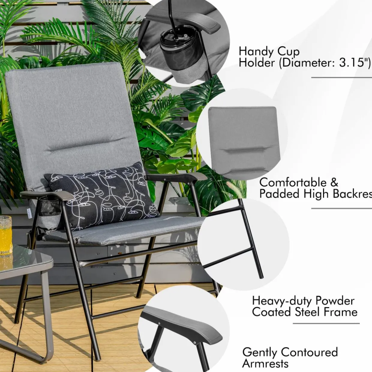 Tangkula Patio Chairs Folding, No Assembly High Back Cushioned Heavy Duty Steel Frame Outdoor Chair with Cup Holder