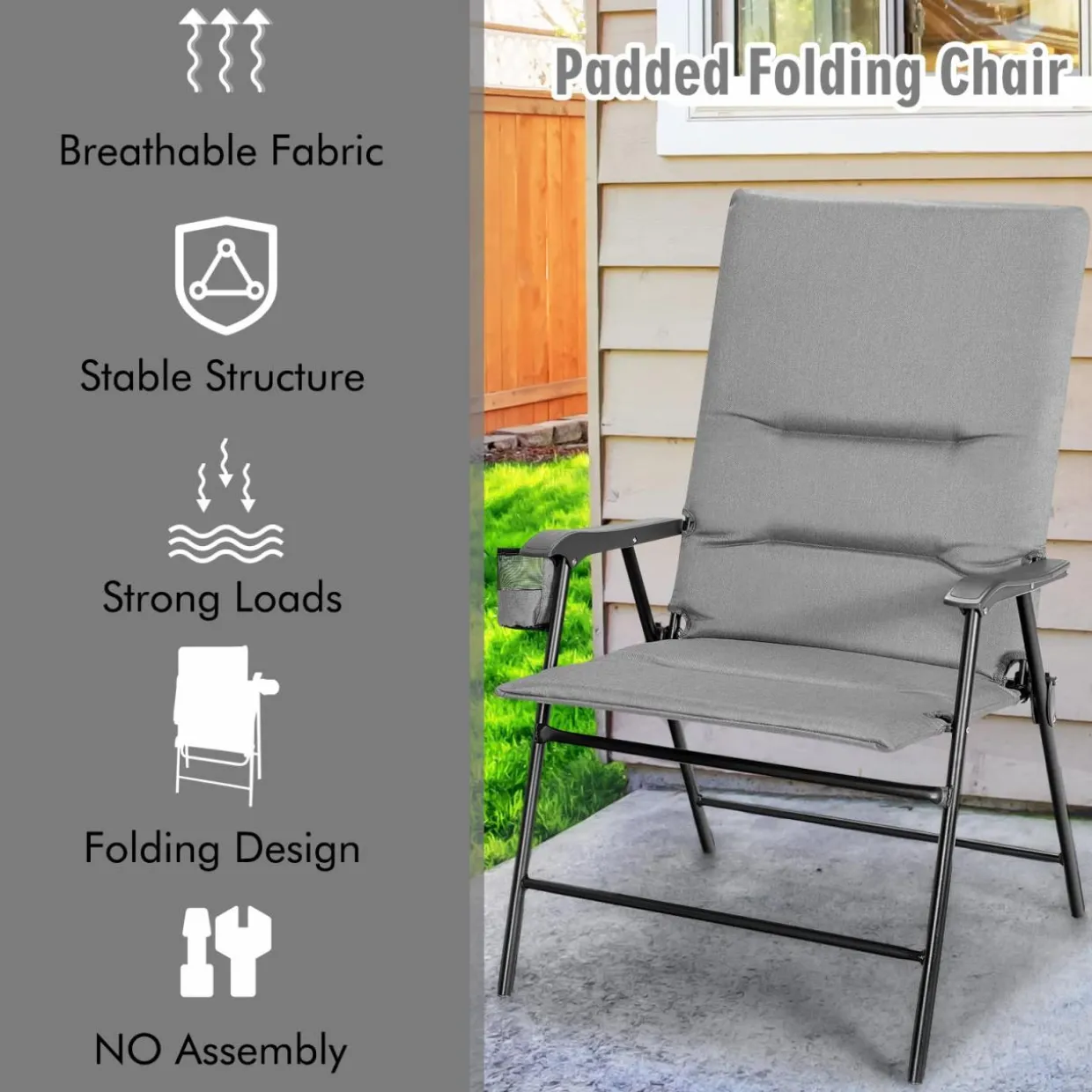 Tangkula Patio Chairs Folding, No Assembly High Back Cushioned Heavy Duty Steel Frame Outdoor Chair with Cup Holder