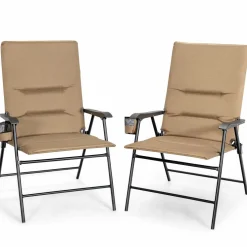 Tangkula Patio Chairs Folding, No Assembly High Back Cushioned Heavy Duty Steel Frame Outdoor Chair with Cup Holder