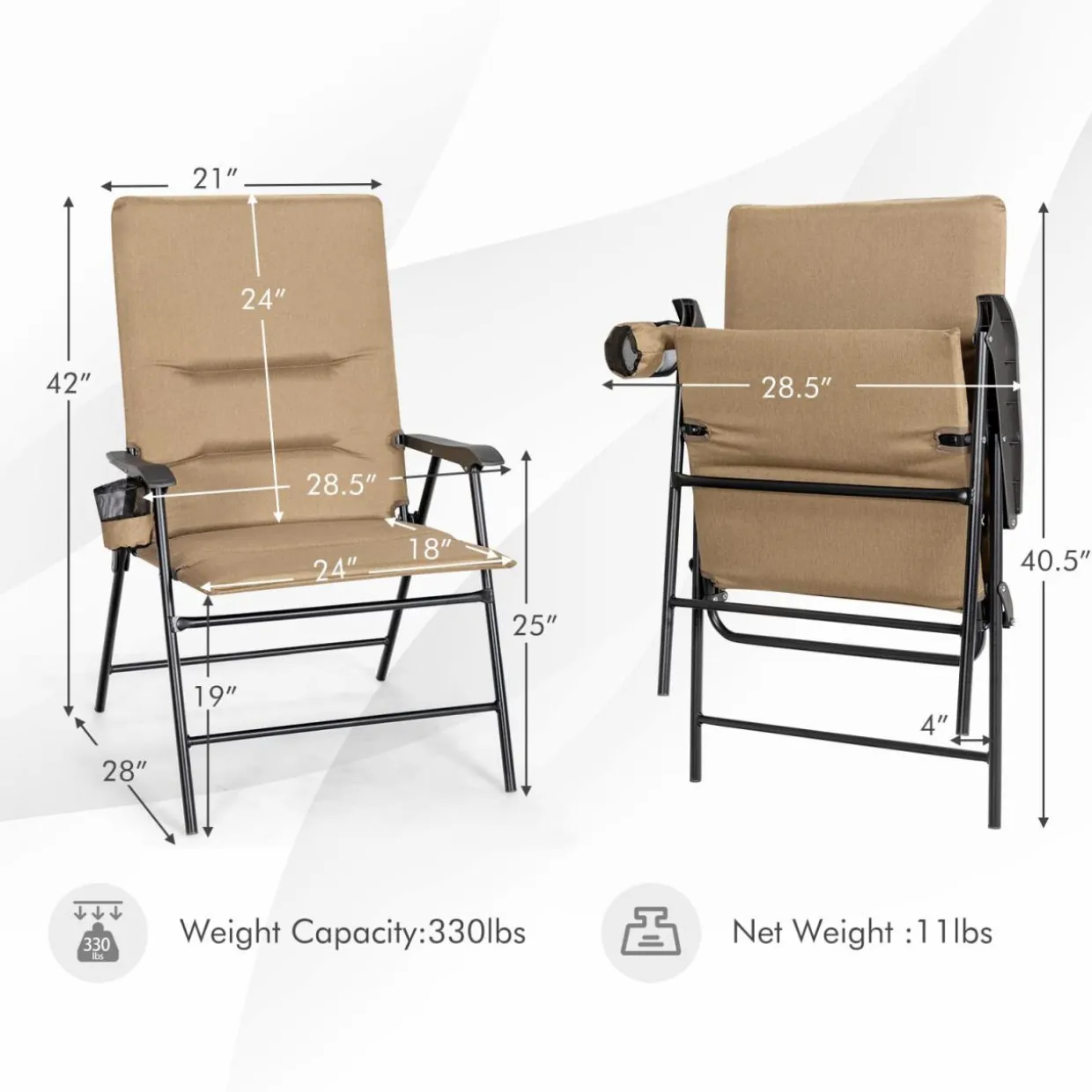 Tangkula Patio Chairs Folding, No Assembly High Back Cushioned Heavy Duty Steel Frame Outdoor Chair with Cup Holder