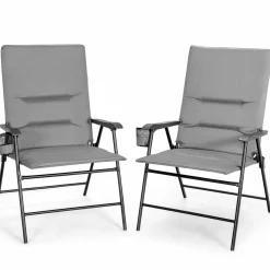 Tangkula Patio Chairs Folding, No Assembly High Back Cushioned Heavy Duty Steel Frame Outdoor Chair with Cup Holder