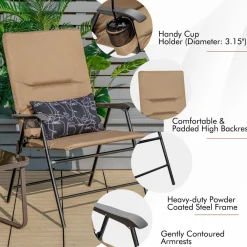Tangkula Patio Chairs Folding, No Assembly High Back Cushioned Heavy Duty Steel Frame Outdoor Chair with Cup Holder