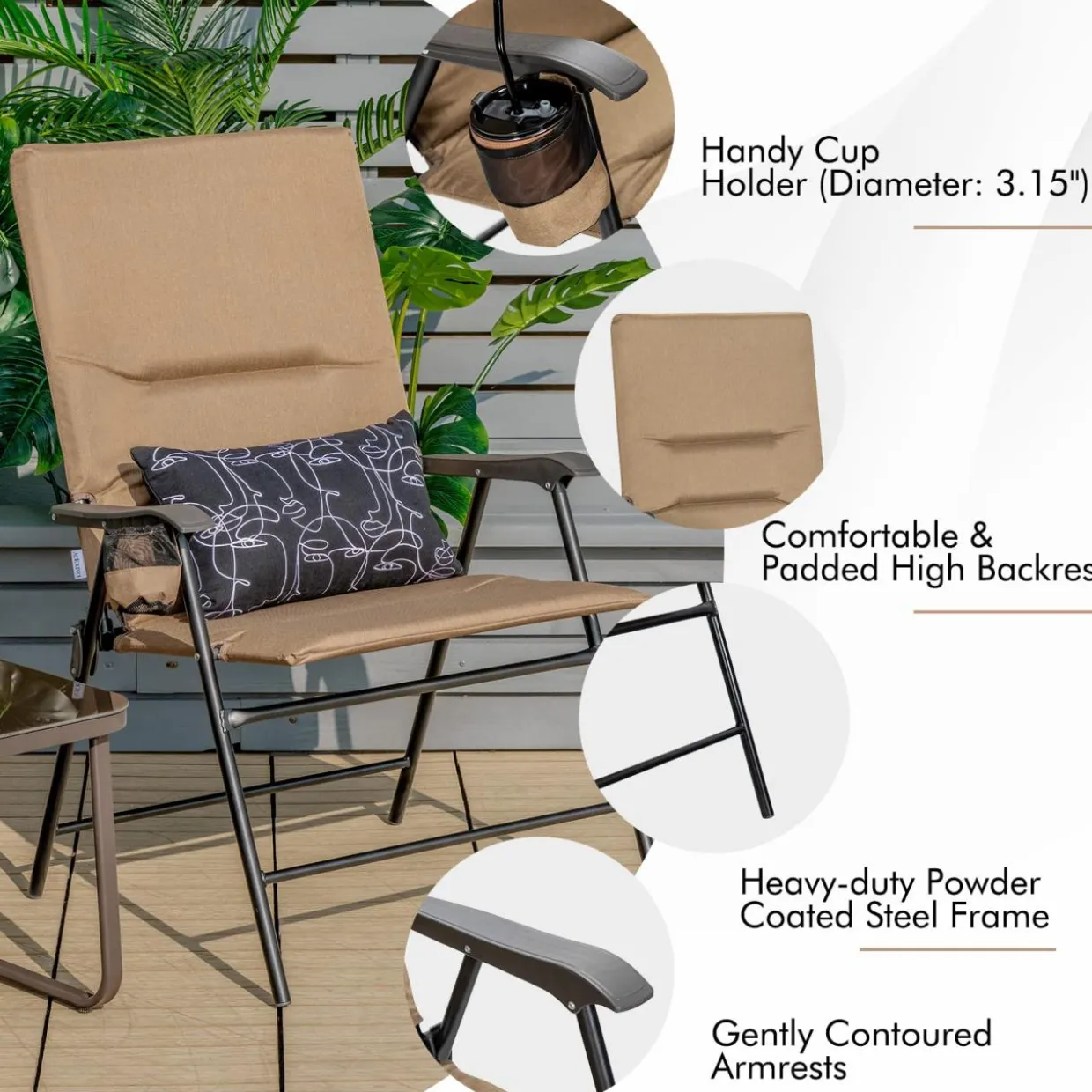 Tangkula Patio Chairs Folding, No Assembly High Back Cushioned Heavy Duty Steel Frame Outdoor Chair with Cup Holder