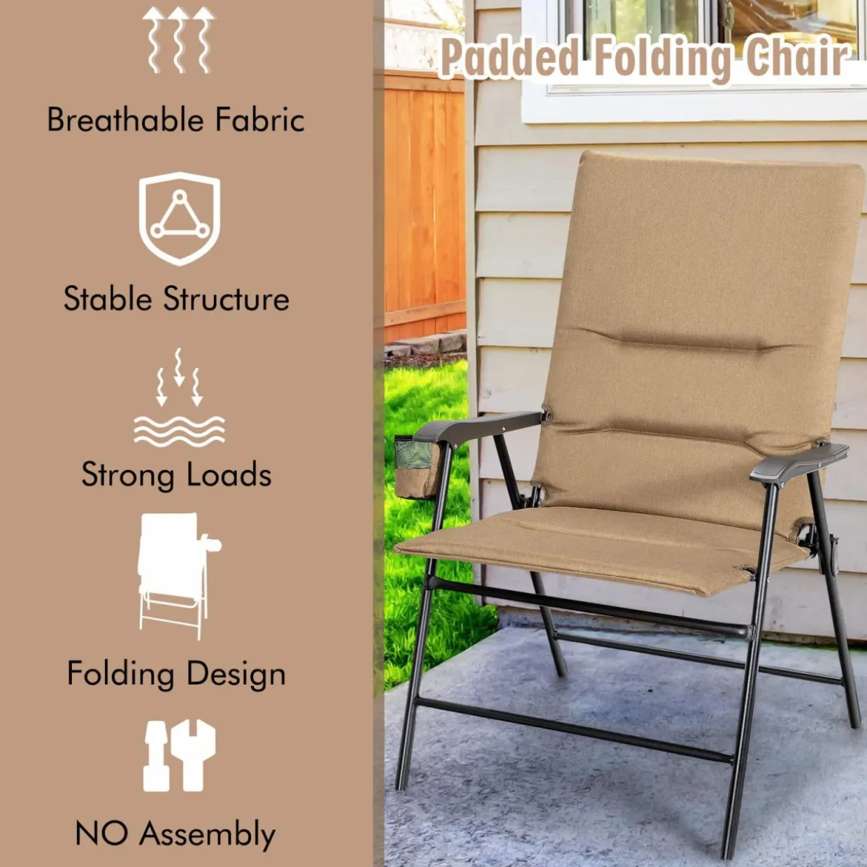 Tangkula Patio Chairs Folding, No Assembly High Back Cushioned Heavy Duty Steel Frame Outdoor Chair with Cup Holder