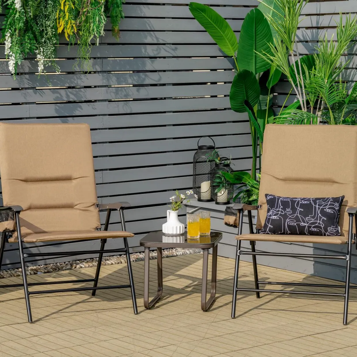 Tangkula Patio Chairs Folding, No Assembly High Back Cushioned Heavy Duty Steel Frame Outdoor Chair with Cup Holder