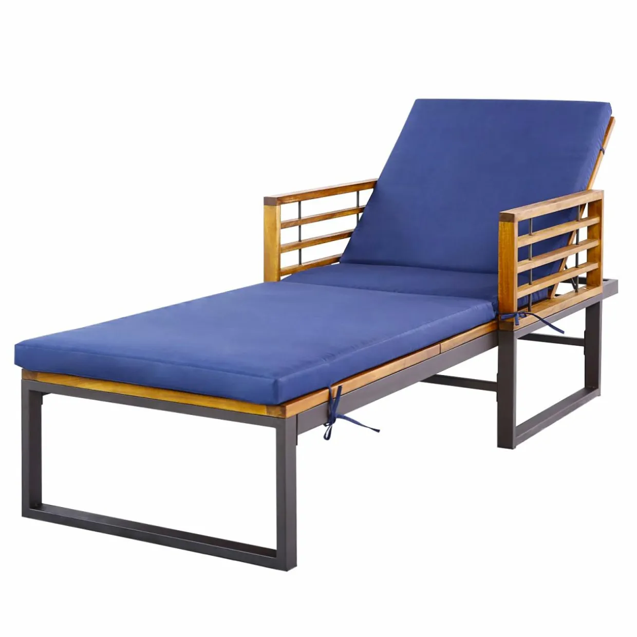 Tangkula Patio Chaise Lounge Chair with Cushion, Adjustable Reclining Pool Lounger with Acacia Wood and Metal Frame