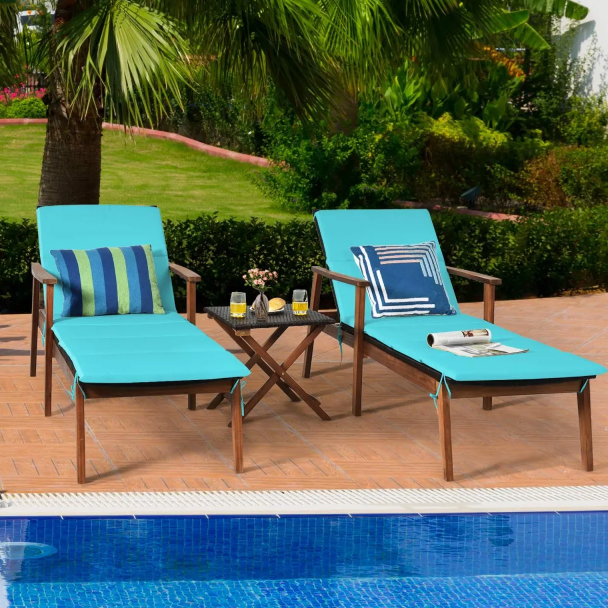 Tangkula Patio Chaise Lounge Sets, Outdoor Acacia Wood Chaise Lounger Chair