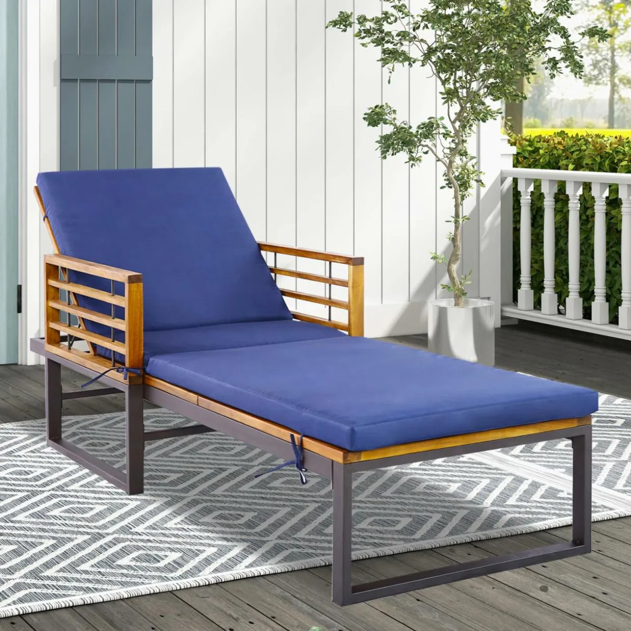 Tangkula Patio Chaise Lounge Chair with Cushion, Adjustable Reclining Pool Lounger with Acacia Wood and Metal Frame