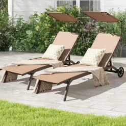 Tangkula Patio Chaise Lounge Chair, Outdoor Recliner with Wheels, Adjustable Canopy & Cupholder