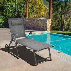 Tangkula Patio Chaise Lounge W/Wheels, Outdoor Folding Padded Lounge Chair W/ 7-Position Backrest, Removable Headrest