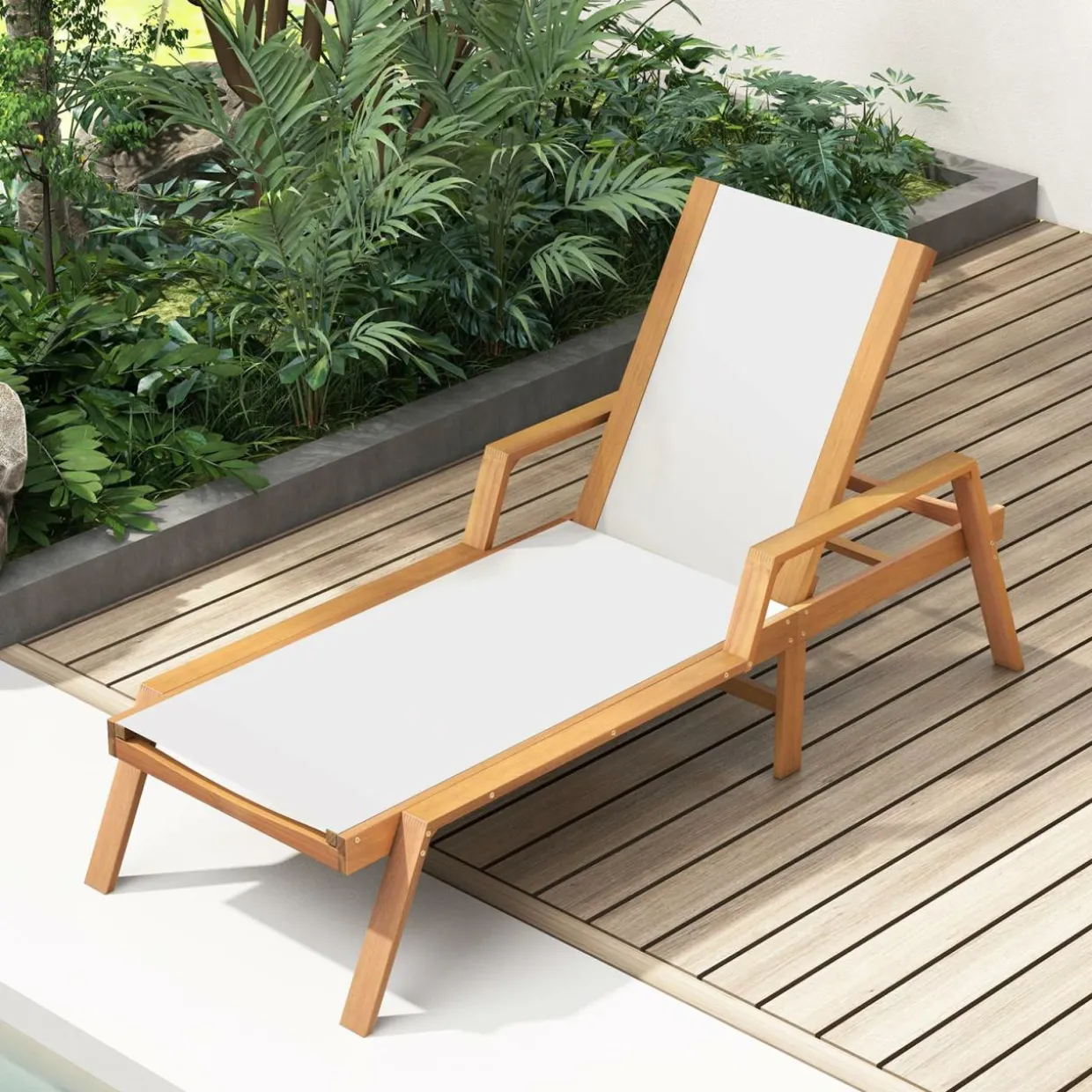Tangkula Patio Chaise Lounge Chair, 5 Position Adjustable Acacia Wood Patio Lounger