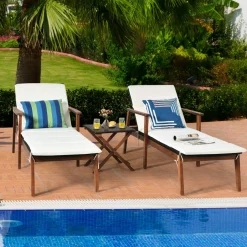 Tangkula Patio Chaise Lounge Sets, Outdoor Acacia Wood Chaise Lounger Chair