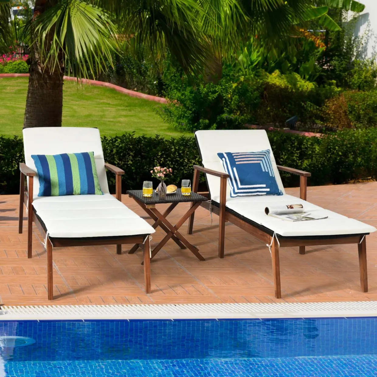 Tangkula Patio Chaise Lounge Sets, Outdoor Acacia Wood Chaise Lounger Chair