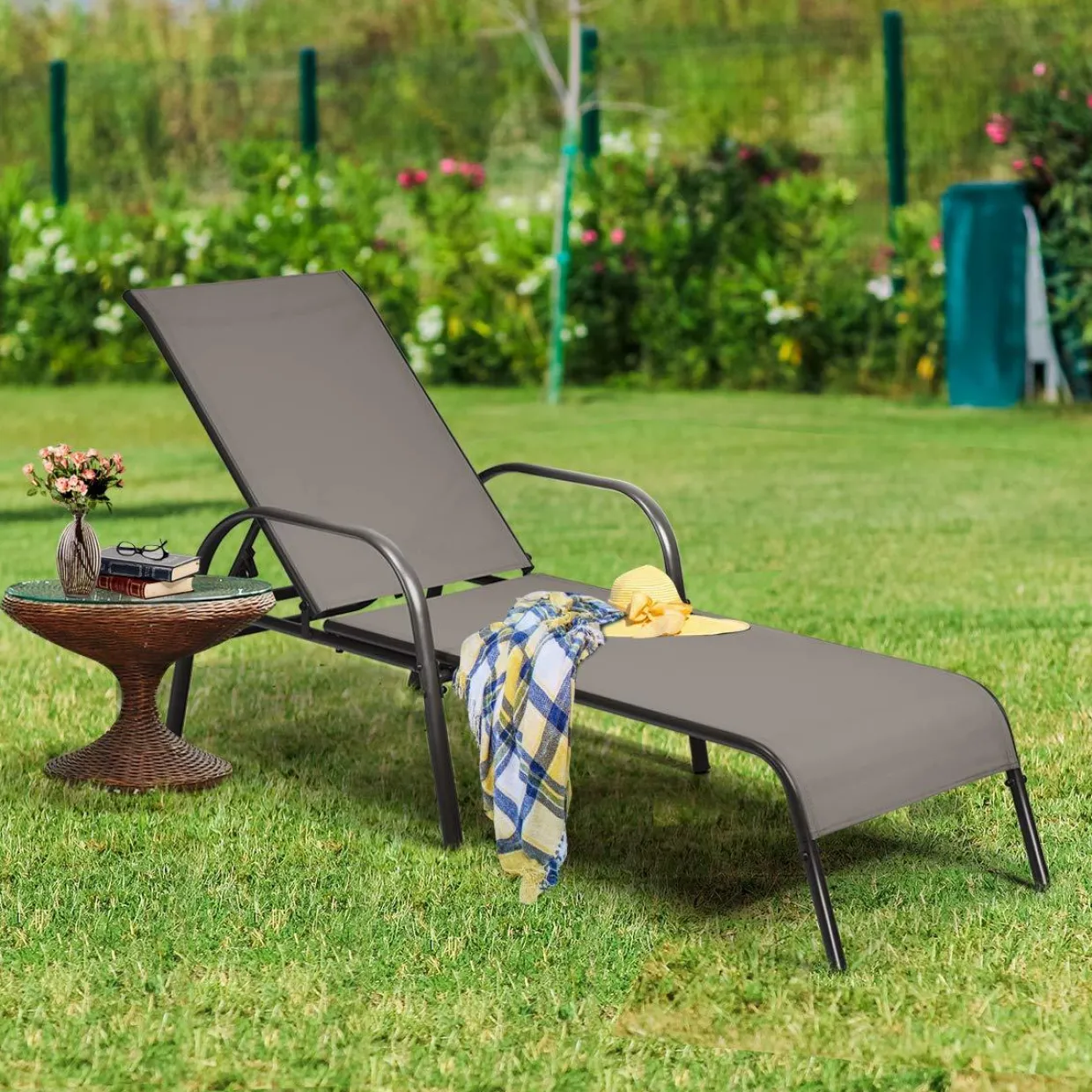 Tangkula Patio Chaise Lounge, Recliner Outdoor Lounger Chair w/Adjustable Backrest, Reclining Chair w/Heavy Duty Steel Frame