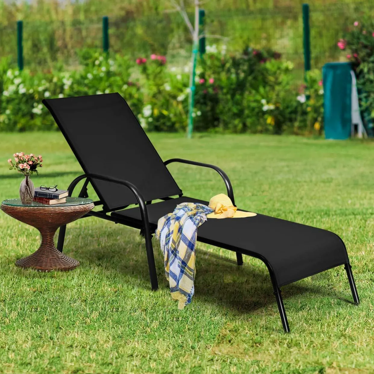 Tangkula Patio Chaise Lounge, Recliner Outdoor Lounger Chair w/Adjustable Backrest, Reclining Chair w/Heavy Duty Steel Frame