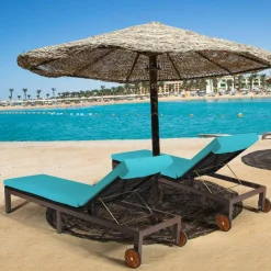 Tangkula Patio Chaise Lounge Chair, Outdoor Rattan Lounger Recliner Chair with Wheels