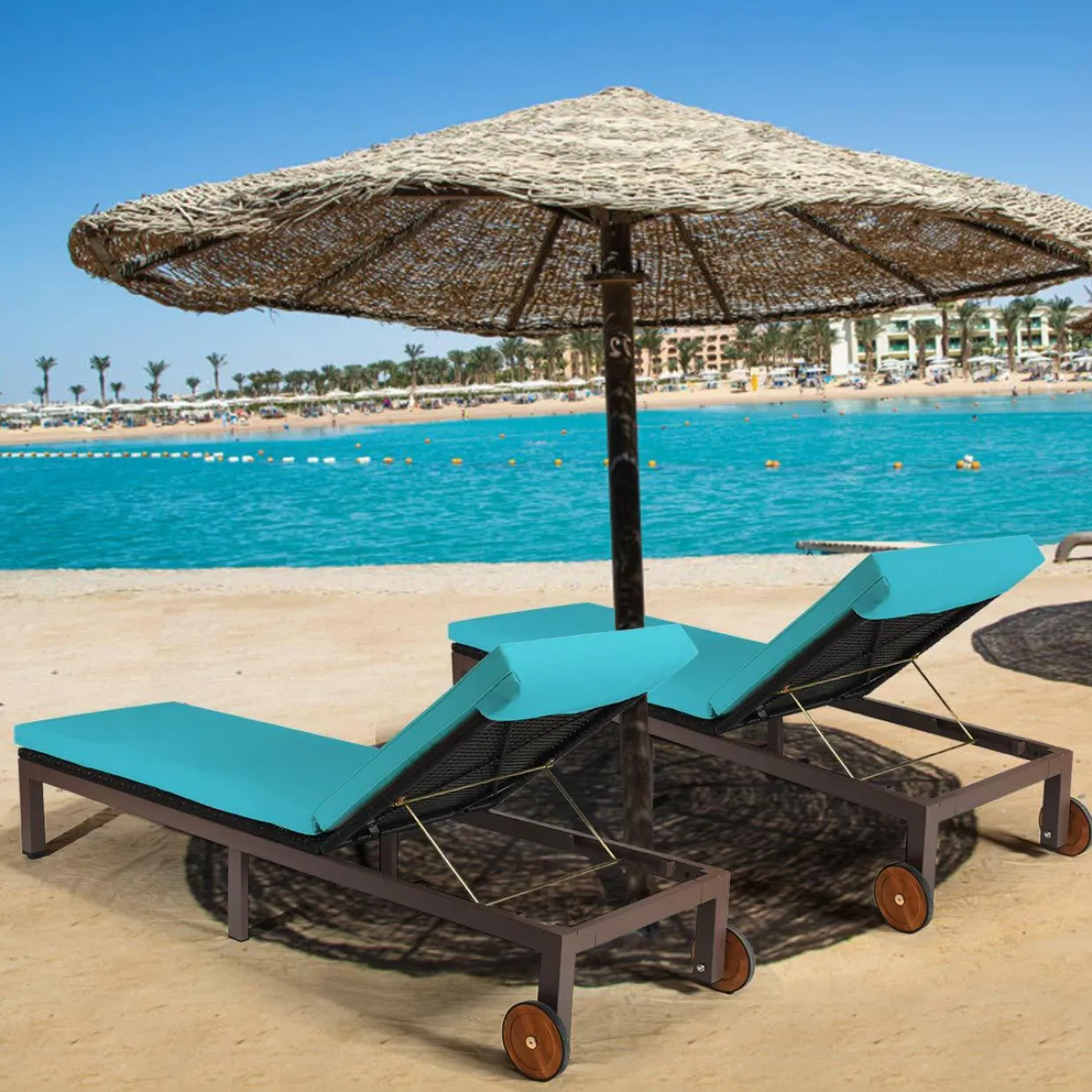 Tangkula Patio Chaise Lounge Chair, Outdoor Rattan Lounger Recliner Chair with Wheels