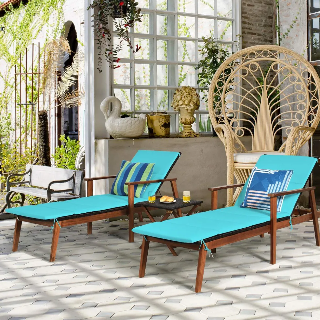 Tangkula Patio Chaise Lounge Sets, Outdoor Acacia Wood Chaise Lounger Chair