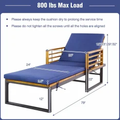 Tangkula Patio Chaise Lounge Chair with Cushion, Adjustable Reclining Pool Lounger with Acacia Wood and Metal Frame