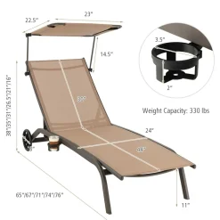 Tangkula Patio Chaise Lounge Chair, Outdoor Recliner with Wheels, Adjustable Canopy & Cupholder