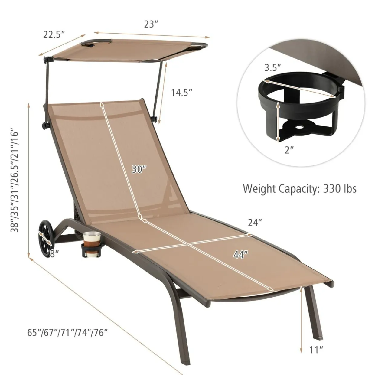 Tangkula Patio Chaise Lounge Chair, Outdoor Recliner with Wheels, Adjustable Canopy & Cupholder