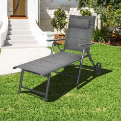 Tangkula Patio Chaise Lounge W/Wheels, Outdoor Folding Padded Lounge Chair W/ 7-Position Backrest, Removable Headrest