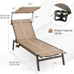 Tangkula Patio Chaise Lounge Chair, Outdoor Recliner with Adjustable Canopy & Cup Holder