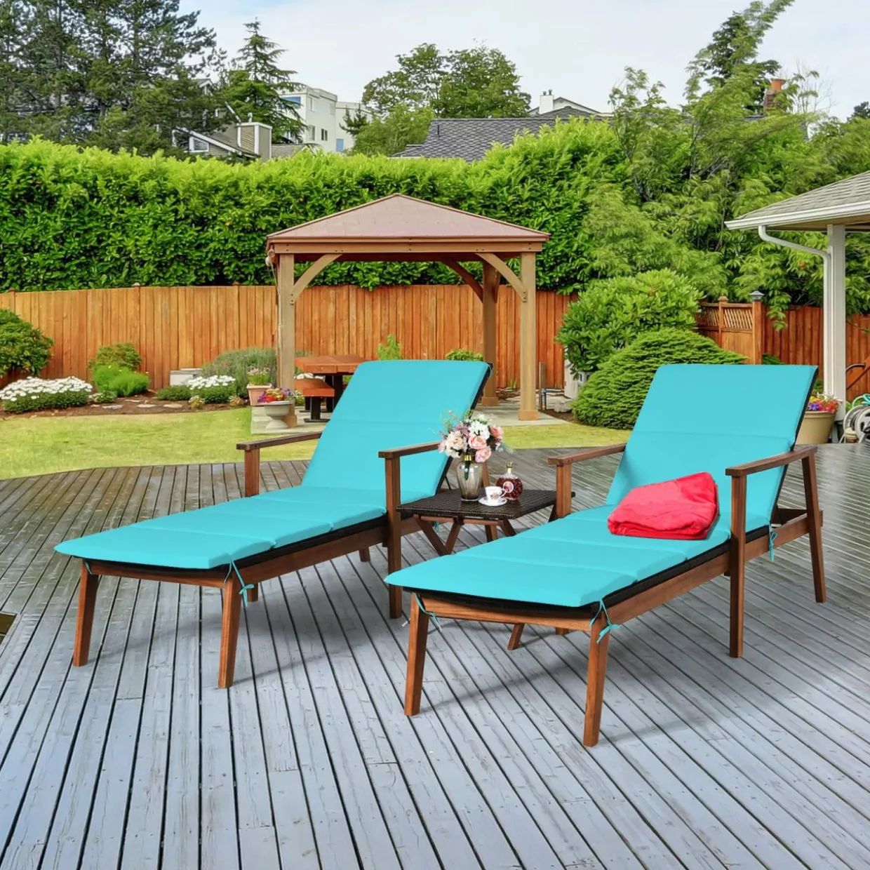 Tangkula Patio Chaise Lounge Sets, Outdoor Acacia Wood Chaise Lounger Chair