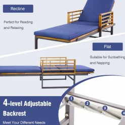 Tangkula Patio Chaise Lounge Chair with Cushion, Adjustable Reclining Pool Lounger with Acacia Wood and Metal Frame