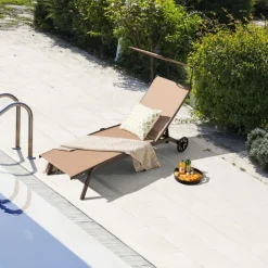 Tangkula Patio Chaise Lounge Chair, Outdoor Recliner with Wheels, Adjustable Canopy & Cupholder