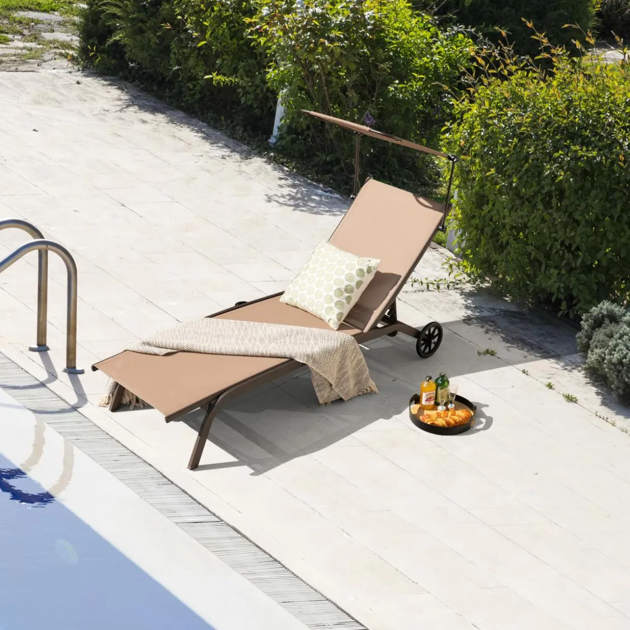 Tangkula Patio Chaise Lounge Chair, Outdoor Recliner with Wheels, Adjustable Canopy & Cupholder