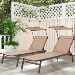 Tangkula Patio Chaise Lounge Chair, Outdoor Recliner with Adjustable Canopy & Cup Holder