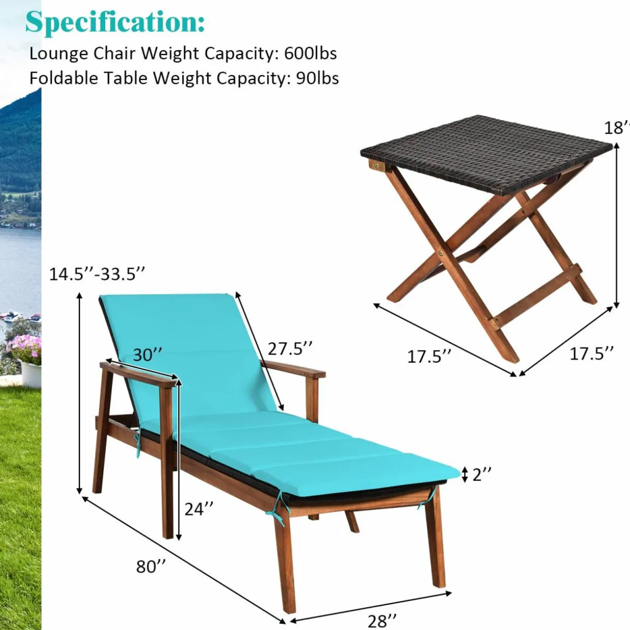 Tangkula Patio Chaise Lounge Sets, Outdoor Acacia Wood Chaise Lounger Chair