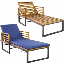Tangkula Patio Chaise Lounge Chair with Cushion, Adjustable Reclining Pool Lounger with Acacia Wood and Metal Frame