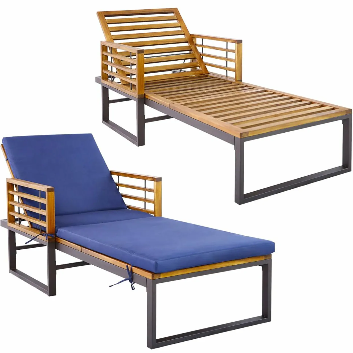 Tangkula Patio Chaise Lounge Chair with Cushion, Adjustable Reclining Pool Lounger with Acacia Wood and Metal Frame