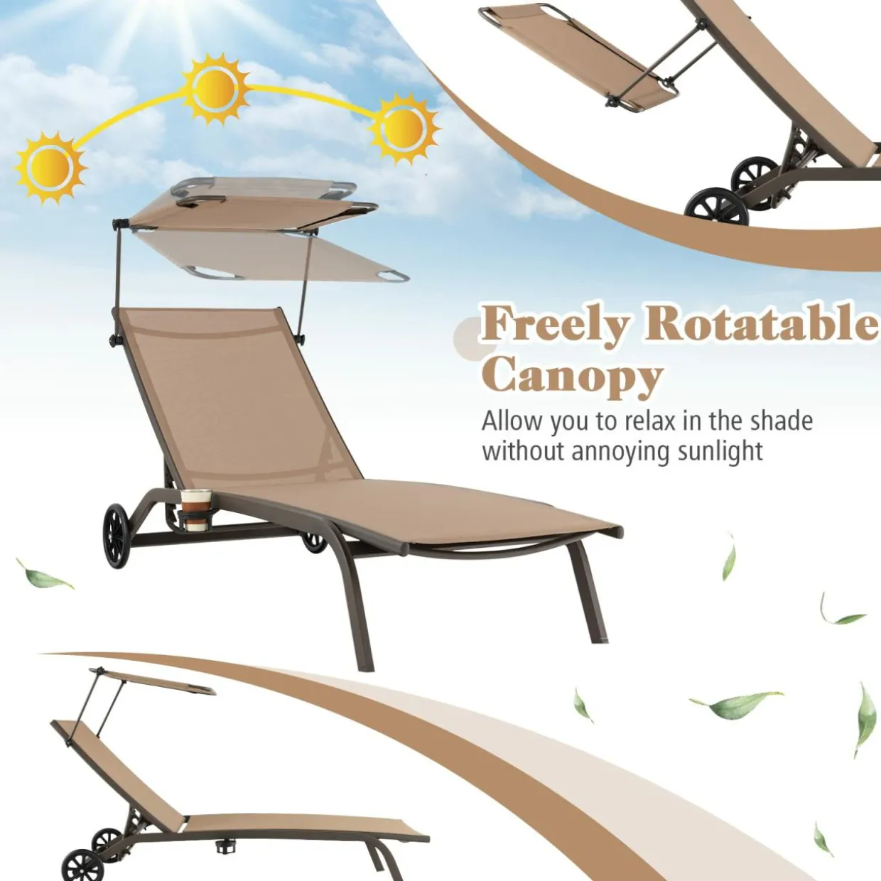 Tangkula Patio Chaise Lounge Chair, Outdoor Recliner with Wheels, Adjustable Canopy & Cupholder