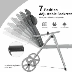 Tangkula Patio Chaise Lounge W/Wheels, Outdoor Folding Padded Lounge Chair W/ 7-Position Backrest, Removable Headrest