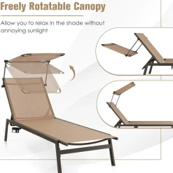 Tangkula Patio Chaise Lounge Chair, Outdoor Recliner with Adjustable Canopy & Cup Holder