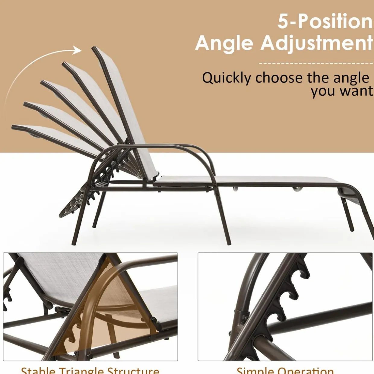 Tangkula Patio Chaise Lounge, Recliner Outdoor Lounger Chair w/Adjustable Backrest, Reclining Chair w/Heavy Duty Steel Frame