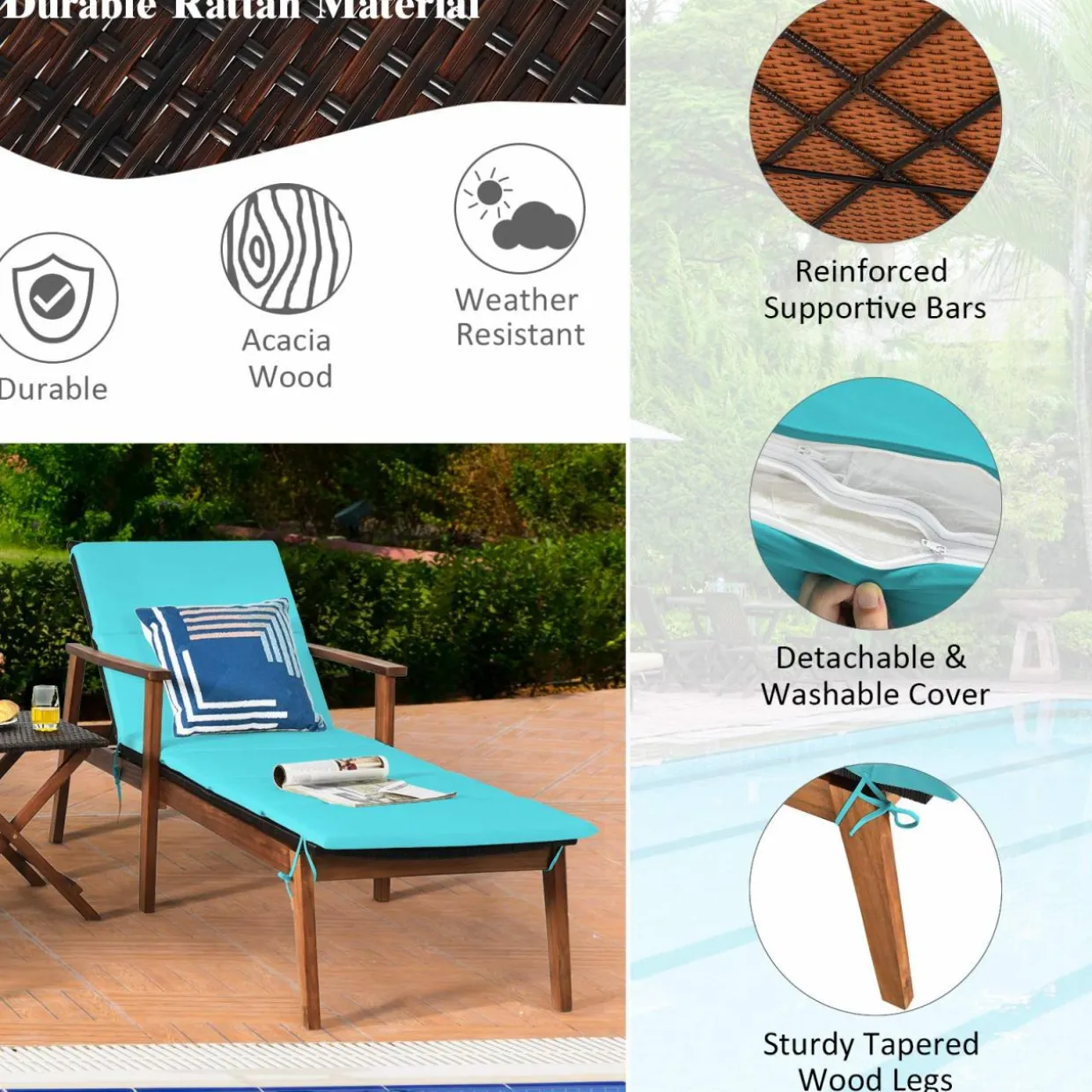 Tangkula Patio Chaise Lounge Sets, Outdoor Acacia Wood Chaise Lounger Chair