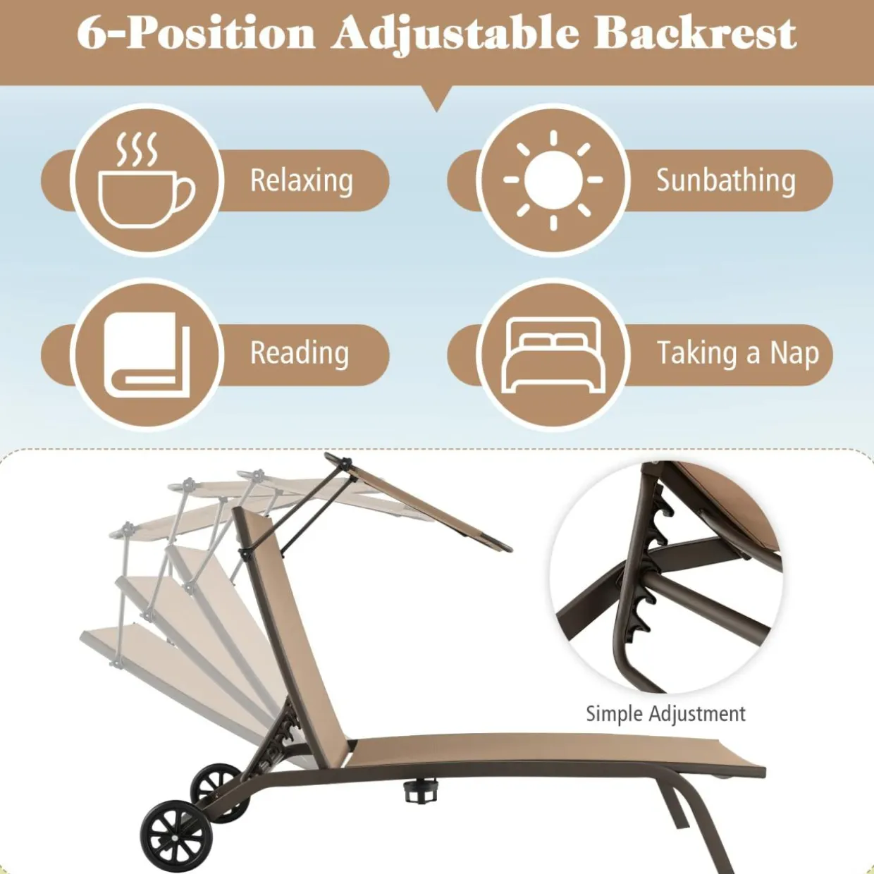 Tangkula Patio Chaise Lounge Chair, Outdoor Recliner with Wheels, Adjustable Canopy & Cupholder