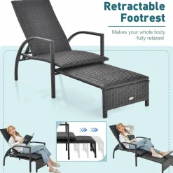 Tangkula Patio Chaise Lounge, Outdoor Rattan Lounge Chair with Retractable Ottoman