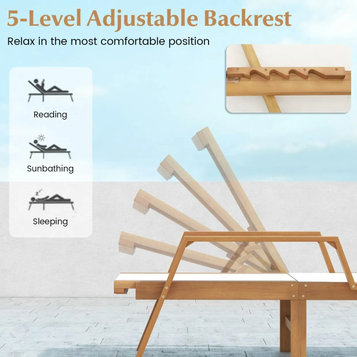 Tangkula Patio Chaise Lounge Chair, 5 Position Adjustable Acacia Wood Patio Lounger