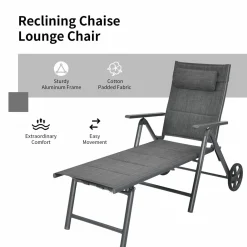 Tangkula Patio Chaise Lounge W/Wheels, Outdoor Folding Padded Lounge Chair W/ 7-Position Backrest, Removable Headrest