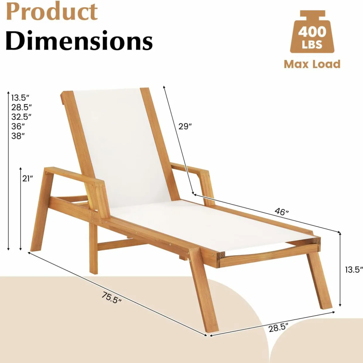 Tangkula Patio Chaise Lounge Chair, 5 Position Adjustable Acacia Wood Patio Lounger
